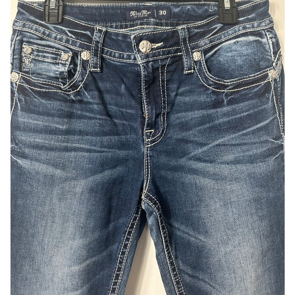 Miss Me Mid-Rise Boot cut jeans 30 silver & black cross pockets Embellished B15 - Picture 5 of 8